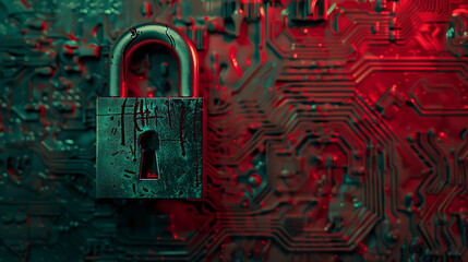 A padlock secures a dense circuit board, illustrating the concept of cybersecurity and data protection.