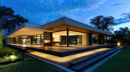 Minimalist style architectural design of a flat roof house, ideal for design templates showcasing dream homes, house rental businesses, and property sales