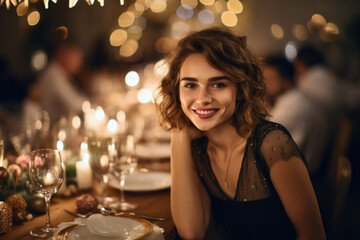 Obraz na płótnie Canvas Cheerful beautiful woman on New Year's dinner party