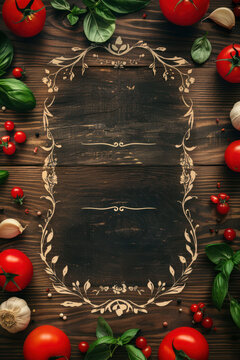 Vintage-Styled Wooden Background Surrounded By Fresh Ingredients and Ornaments. Menu cover, copy space