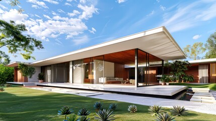Fototapeta premium Minimalist style architectural design of a flat roof house, ideal for design templates showcasing dream homes, house rental businesses, and property sales