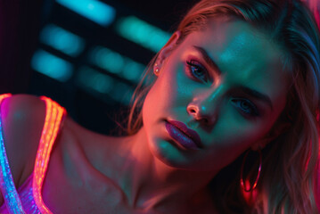 Portrait of young beautiful woman with futuristic neon glowing fashion electronics background