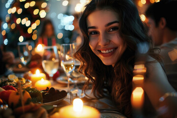 Obraz na płótnie Canvas Cheerful beautiful woman on New Year's dinner party