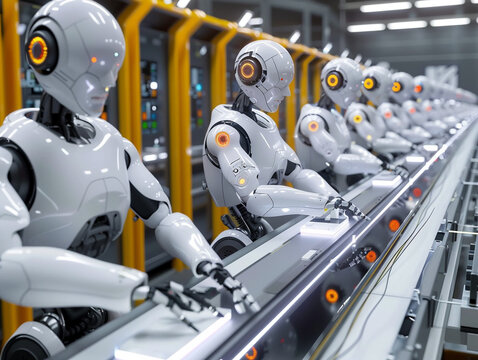 A series of humanoid robots efficiently working on an automated assembly line in a modern factory.