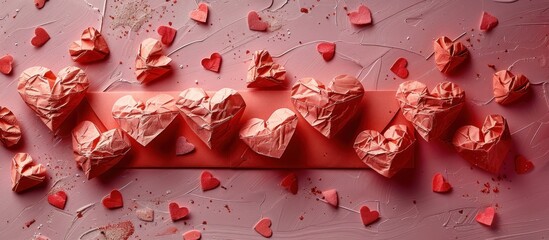 Envelopes and paper hearts on a pink background for greeting messages
