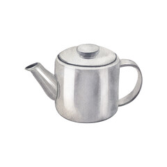 Porcelain ceramic white teapot for tea. Watercolor hand-drawn illustration isolated on white background. Perfect for recipe lists with drinks, brochures for cafe. Side view