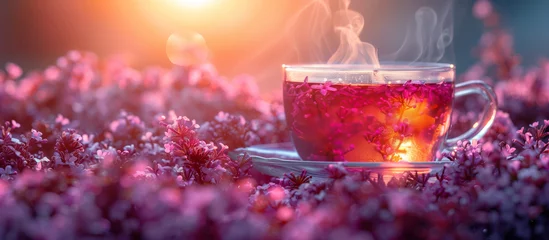 Sierkussen Hot tea glass cups on a background of purple flowers © Alina Zavhorodnii