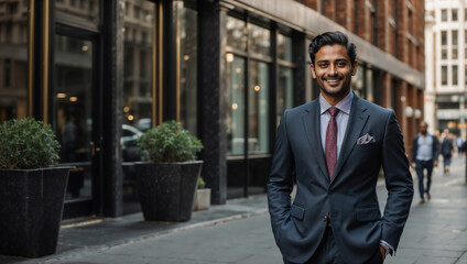 Elegante uomo d'affari di origini indiane che lavora nel distretto finanziario di Londra sorridente prima di iniziare la giornata di lavoro