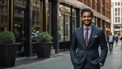 Fotobehang Elegante uomo d'affari di origini indiane che lavora nel distretto finanziario di Londra sorridente prima di iniziare la giornata di lavoro © Wabisabi