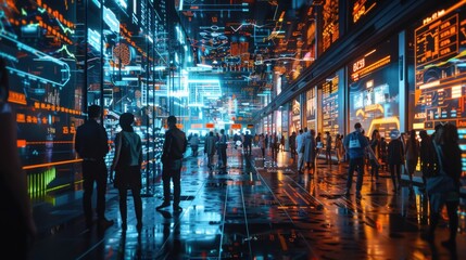 An image of a bustling city trading environment, holographic displays and individuals of various economic backgrounds and competitiveness Technological advancements in the financial services industry - obrazy, fototapety, plakaty
