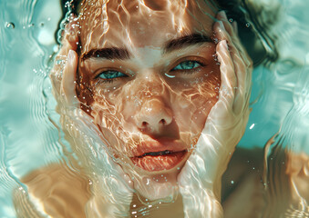 Underwater sensitive extremely close-up face portrait of beautiful young woman with clean skin and bright freckles, gazing at camera. Diverse human beauty, fashion and skin care concepts.