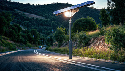 The road to a sustainable future A solar-powered street light illuminates a rural road - obrazy, fototapety, plakaty