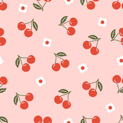 Cherry with flower seamless pattern. Kid decoration. Vector illustration.
