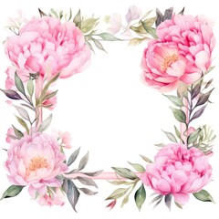 Naklejka premium frame of watercolor peony flowers and leaves on white background.