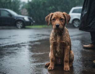 A small brown dog is sitting in the rain, looking sad. The dog is wet and has water dripping from its fur