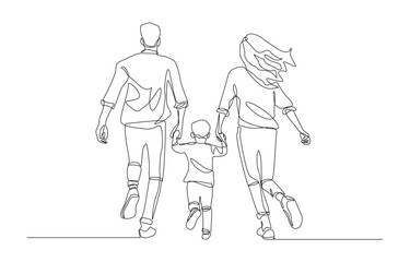 Continuous one line drawing of parents and child holding hands and running together, happy family concept, single line art.