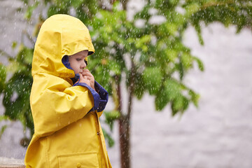Child, jacket and rain in outdoor for fashion, play and walk to kindergarten in cold. Boy, cute and adorable kid with clothes in water droplets in garden or backyard for childhood and innocent