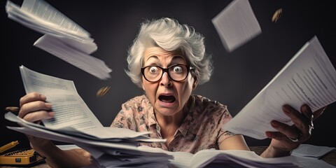 Senior woman holding paperwork , filling out forms, reading bills