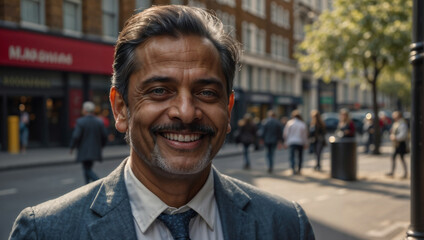 Elegante uomo d'affari di origini indiane di mezza età che lavora nel distretto finanziario di Londra sorridente prima di iniziare la giornata di lavoro - obrazy, fototapety, plakaty