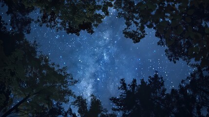Silhouettes of tall trees against the backdrop of a dark blue sky and starry night in the forest - obrazy, fototapety, plakaty