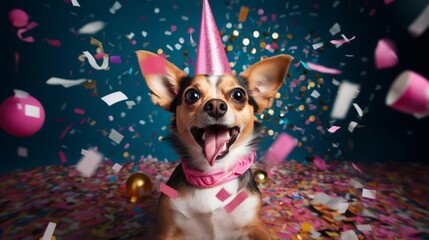A dog with a party hat under confetti rain. Happy birthday theme
