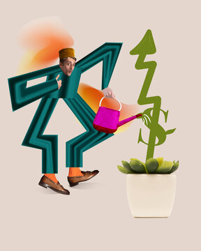 Contemporary art collage. Man with long arms and legs watering money tree with international money sign. Concept of business, career growth, financial literacy, personal financial management.