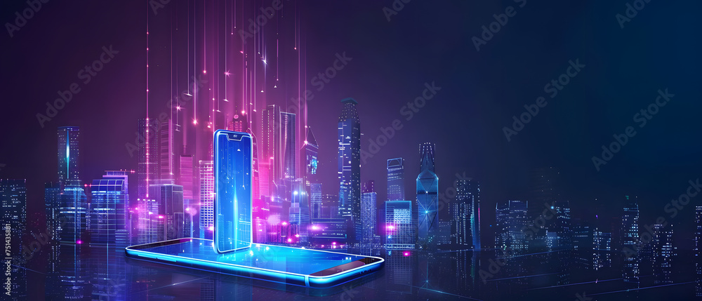 Poster smartphone with a hologram on the background of the city. 3d rendering