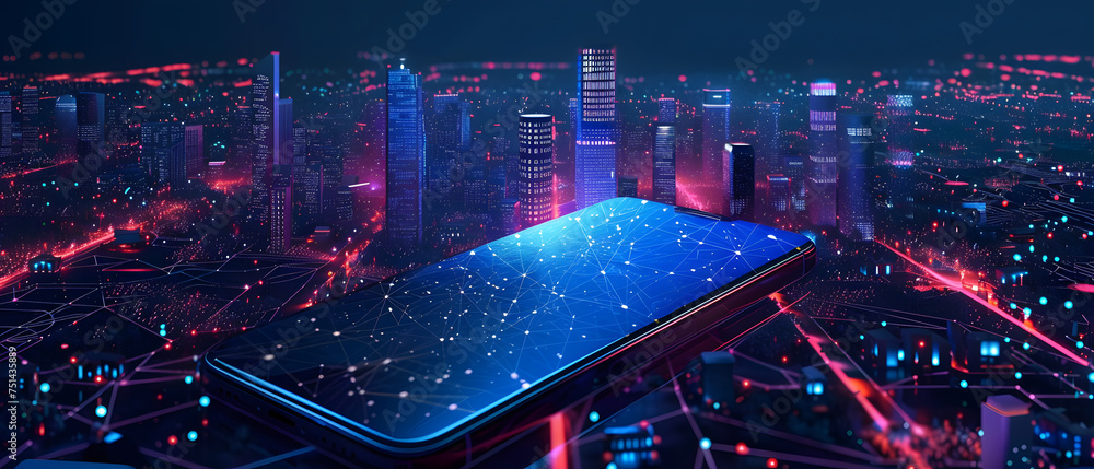 Poster smartphone with hologram circuit on the background of the city. 3d rendering