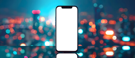 Smartphone with blank screen on blurred city background. Mock up, 3D Rendering