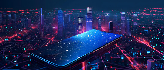 Smartphone with hologram circuit on the background of the city. 3d rendering