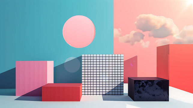 3D rendering of a surreal landscape with geometric shapes and soft pastel colors. - Powered by Adobe