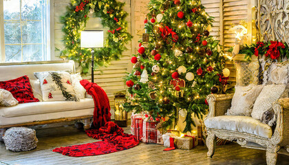 christmas and new year background - gift boxes and stars near decorated christmas tree and copy space over white wall with lights