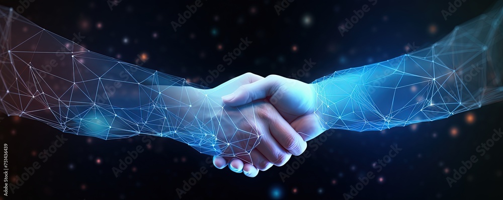 Poster abstract image of business handshake in glowing blue. low polygon, particle, and triangle style desi