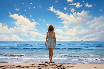Fototapeta na wymiar Beautiful slim woman with long hair on the beach