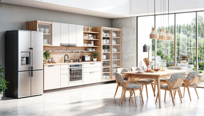 A beautiful modern kitchen with a large island and a dining table - obrazy, fototapety, plakaty