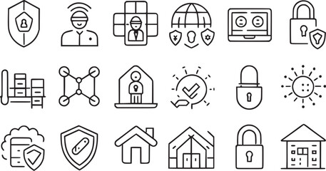 Various types of security include guards, cyber security, passwords, smart homes, safety, data protection, keys, shields, locks, unlock, and eye access. Vector illustration (19)