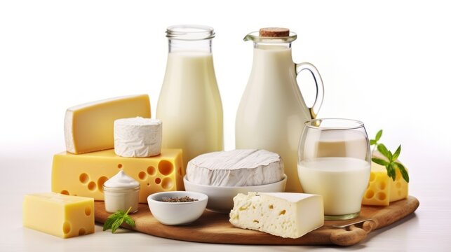 Diverse Dairy Products Neatly Presented Against a White Setting