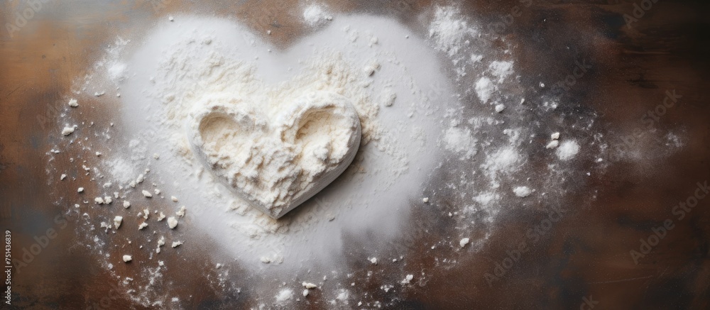 Poster a heart-shaped cookie rests on a wooden table, surrounded by scattered flour. the table is empty, wi
