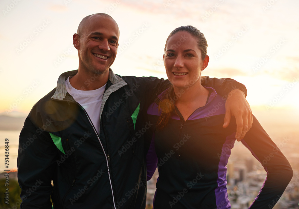 Canvas Prints Happy couple, portrait and fitness with hug in sunset on mountain for workout, exercise or training together. Man and woman with smile, love or support for hiking, running or health and wellness