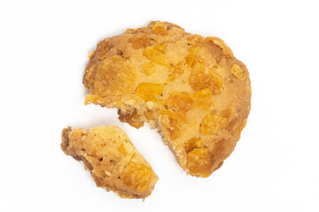 Broken of cornflakes cookies isolated on white background clipping path
