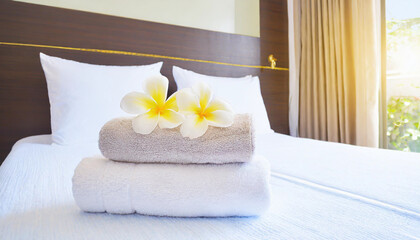 Obraz na płótnie Canvas Fresh towels on bed in hotel room