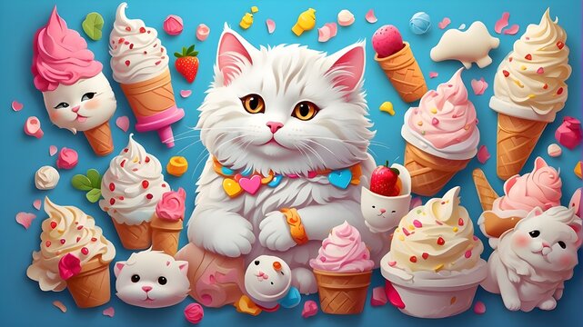 "Create a whimsical world of cute stickers with 8K Ultra HD resolution, featuring a highly detailed illustration of a white cat surrounded by a colorful array of ice cream treats. Let your imagination