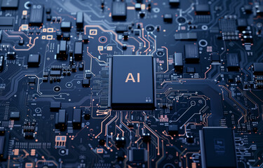 Fototapeta premium top view of intricate modern technological computer AI, Artificial Intelligence concept