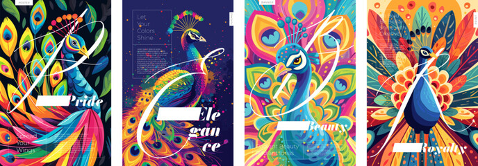 Artistic poster set. Abstract graphic peacock spread colorful tail creative placard. Bright exotic tropical bird feathers design art modern drawing exhibition and fashion print. Trendy artwork concept © Azat Valeev