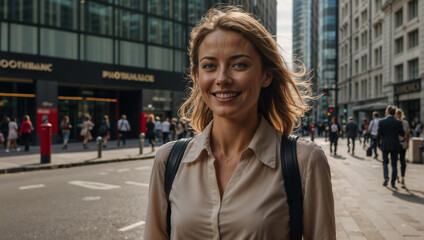 Fototapeta na wymiar Elegante donna d'affari che lavora nel distretto finanziario di Londra sorridente prima di iniziare la giornata di lavoro