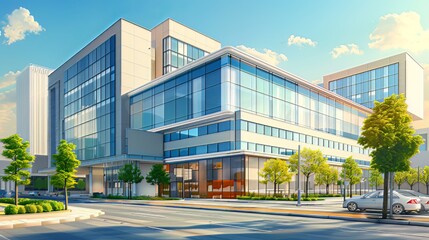 Modern Hospital Structure: An illustration of a modern hospital building located in the heart of the city, equipped with advanced medical devices, representing a healthcare center that provides 