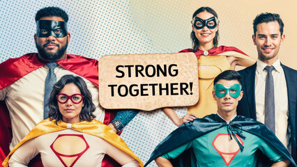Collage of Diverse Business People as Superheroes Displaying Teamwork and Empowerment with 'Strong Together' Sign