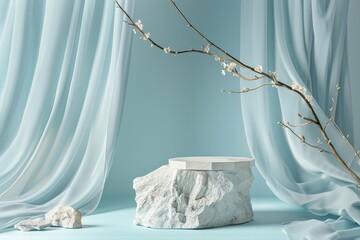 The curtain is draped over a rock, and a branch is placed on top of it