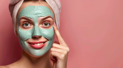 beautiful female model , applying natural clay mask to problem skin and reducing dryness