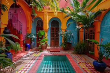 Colourful Moroccan Riad luxury with swimming pool - obrazy, fototapety, plakaty